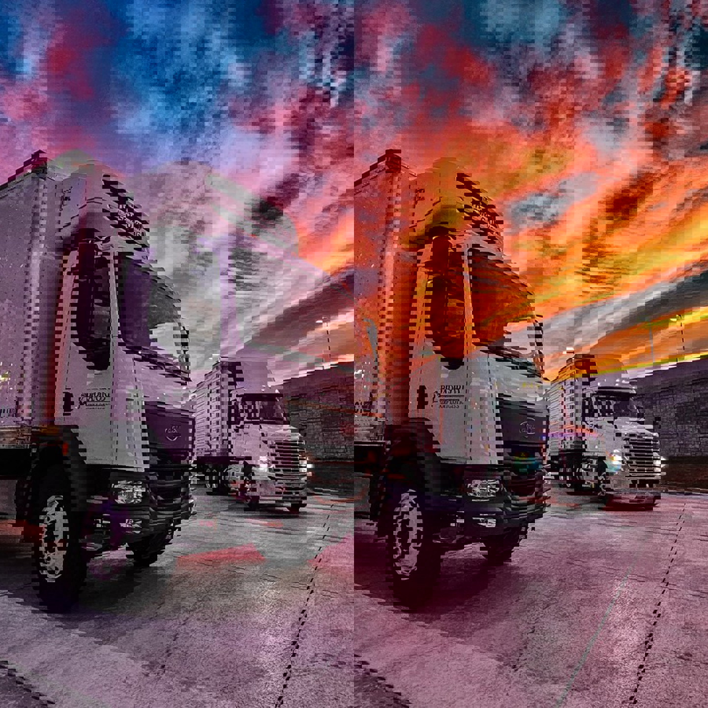 image of trucks at sunset